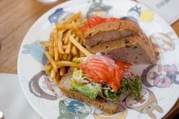 The salmon sandwich set my friend ordered - served on a Totoro plate!