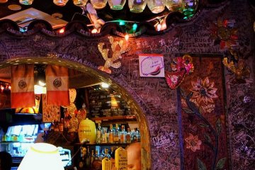 Multicoloured lights make the restaurant a surreal environment