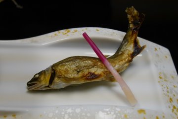 Skewered Ayu fresh-water fish, salted and sans skewer.