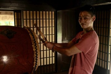 Playing the traditional Hachijo drum