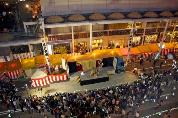 The main street is closed to traffic and it's kagura time