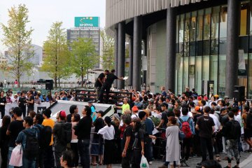 Crowd gathered hoping to catch the free giveaways
