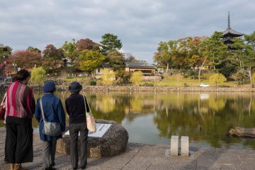 Signs surround the lake with the story in Japanese