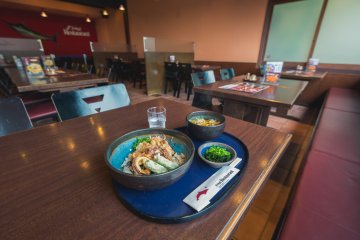A fried squid rice bowl and udon meal at the Marine World restaurant