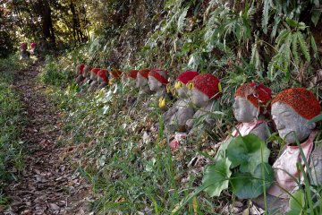 Most visitors miss these stone statues in the forest behind the shrine.