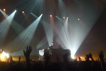 Electronic dance musicians Orbital perform at the Electraglide music festival in Makuhari Messe