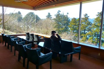 Cozy lounge chairs facing Ashinoko Lake