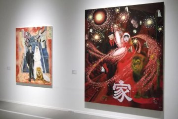 <p>Paintings of a happy couple with chaos around them</p>