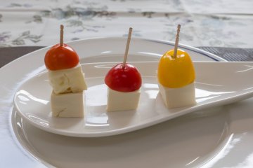 Fresh tofu with a bit of soft cheese on one stick!