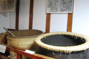 Equipment used in the old days is on display at the brewery's sake museum