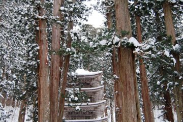 Mount Haguro's famous old Five-Story Pagoda stands tall and proud in the snow