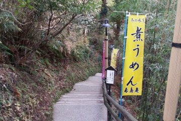 Steps down to the entrance