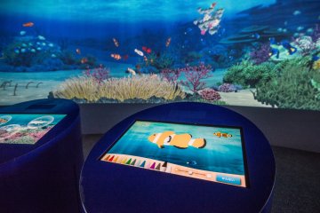 This display allows guests to color their own fish and send it swimming to the large screen in the background