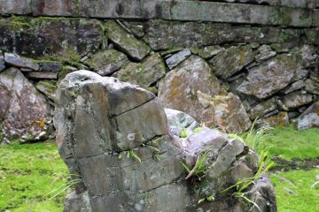 Foliage clings to this decorative rock. The stonework of the shrine's foundation is unusual.