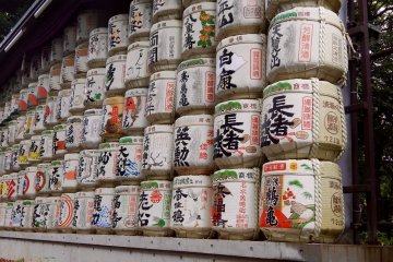 These are barrels of sake, which were donated to the Meiji Shrine. 