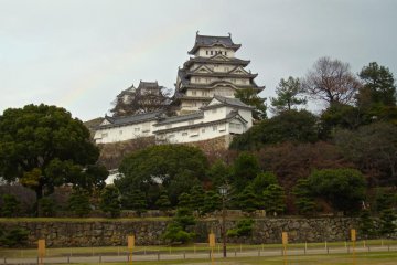 <p>Le ch&acirc;teau de Himeji est entour&eacute; d'arbres et de belles pelouses</p>