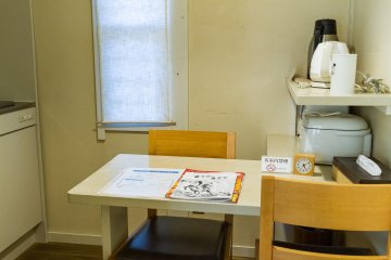 A small dining table in this cabin for two