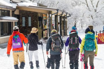 Hikers returning to the cafe and shop