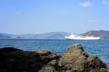 There are several paths down to the sea, and in the warmer weather, you can swim and snorkel here. The ferries to Kyushu pass frequently.