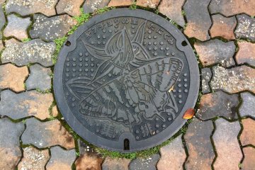 A beauttifully designed manhole cover along the brick promenade leading to the temple grounds