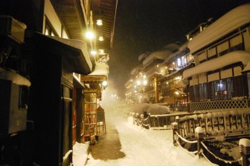 Strolling along the main streets of Ginzan Onsen at night