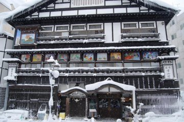 Many ryokan at Ginzan Onsen are decorated with elaborate plaster work