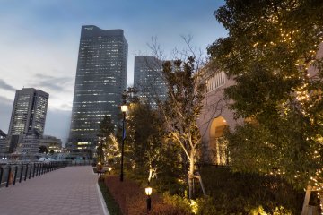 The bright neon lights are a prominent feature of the Minato Mirai nightscape