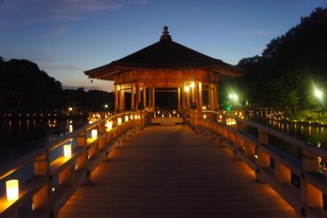 <p>Passerelle &eacute;clair&eacute;e autour du pavillon Ukimido</p>