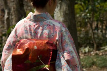 <p>The Kimono pattern of the Plum Blossom Ambassadors matches the season</p>