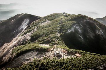 Looking back at Hinokio-dake campground and mountain hut from where I began my ascent up to Usugi-dake