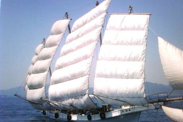 Kumamoto Utase historical boat in full sail off Amakusa Islands