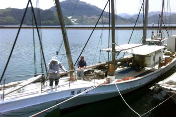 The kind obasan and oyasan preparing the boat but we were so excited we couldn't wait to go sailing and fishing in the seas off Kumamoto and Amakusa