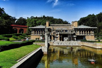 The 1920s Imperial Hotel Building is a mix of Mayan and Art Deco and now relocated to Meiji Mura in Gifu