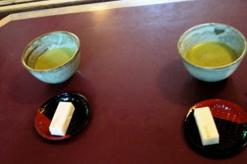 Beautiful Matcha Green Tea and sweets are complementary with your entry ticket to Okochi Sanso a samurai actors country villa in Arishiyama