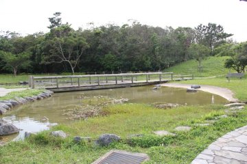 <p>There's a quaint little pond with a bridge across it that is fun to explore around</p>
