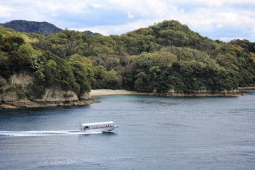 A fast tourist boat races through the channel