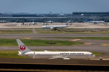 In the near distance you can see many airplanes landing