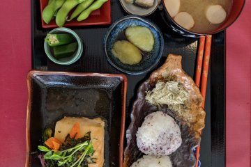 The vegan Japanese platter, complete with a tasty tofu steak