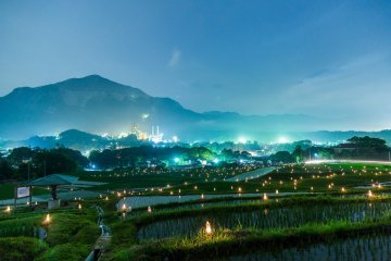 Twilight at the Terasaka Rice Terraces. Candles glow brighter.