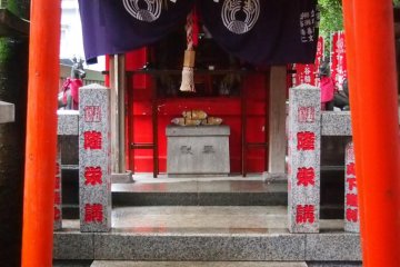 The smaller shrine on the side of the main building with fox deities guarding.