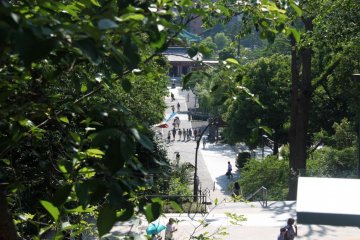 From the temple, you'll be able to see Benten-do and the pond.
