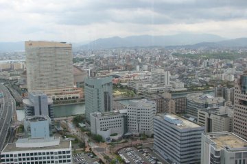 Fukuoka Yahoo! Dome behind the tall tan building.  View from Fukuoka Tower.