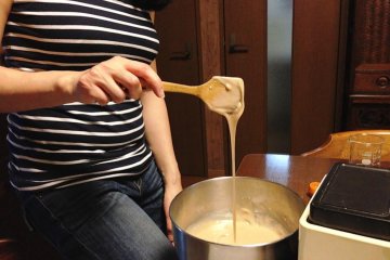 Mixing dough for Wagashi at Emi Hirayama's Uzuki Cooking Class in North Kyoto