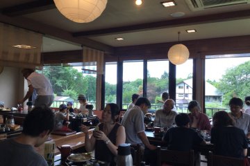 Restaurant seating with a view of the mountains