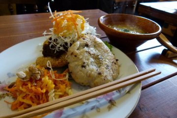 Veggie meat burger on genmai rice bun with soup