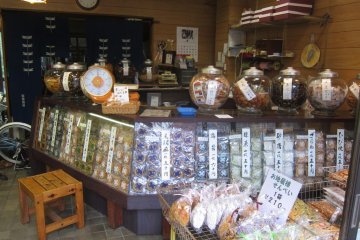 Traditional rice cracker stores in Sugamo on the northern part of the Yamanote line in Tokyo