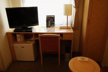 Happy to see a workstation, electric kettle and mini-fridge
