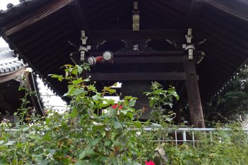 Temple bell near the entrance, and roses