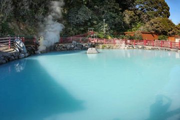 Silky blue pond, view from its south part facing the north, notice the steam vent on the left