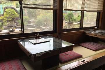 Cozy seating for two with a view of bonsai.
